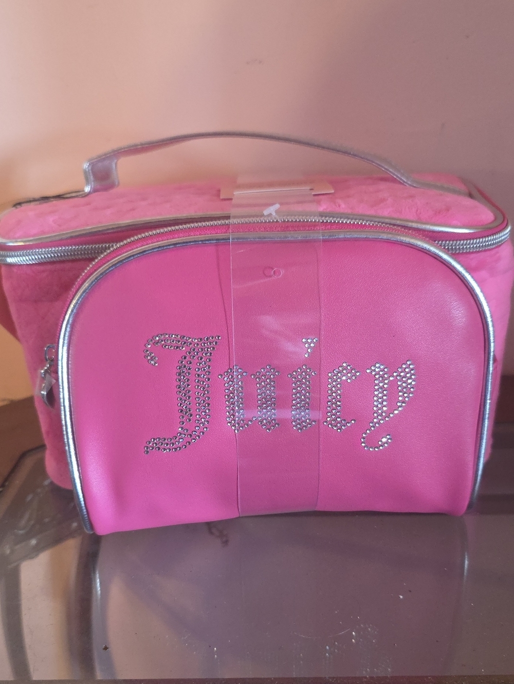 Juicy Couture Hot Pink Rhinestone Logo Makeup Case with Silver Trim